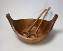 A Jens Quistgaard, for Dansk designs, Danish salad bowl with raised handles and a pair of salad
