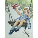 Gilbert Wilkinson (1891-1965), ink and gouache, 'Girl on swing holding a toy aeroplane', signed with