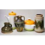 A 1960’s orange, green and white Rosenthal tea and coffee pot and a 'Bay' pottery vase, another