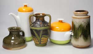 A 1960’s orange, green and white Rosenthal tea and coffee pot and a 'Bay' pottery vase, another