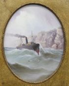 English School c.1900, oil on millboard, Steamship off the coast, oval, 35 x 28cm
