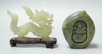 A Chinese bowenite dragon on stand and a soapstone carving, largest 12cm long