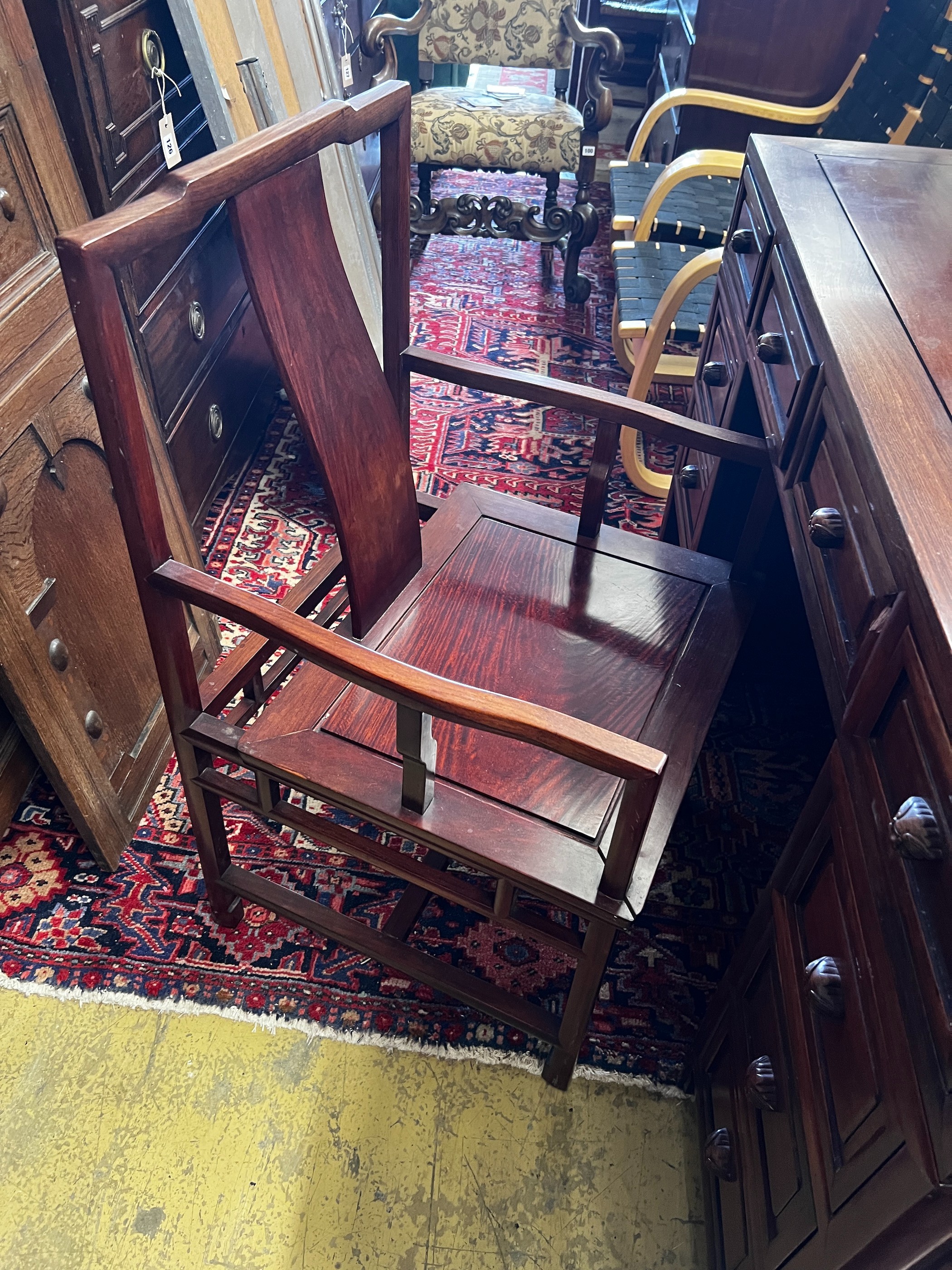 A Chinese hardwood kneehole desk, length 131cm, depth 65cm, height 83cm and elbow chair - Image 6 of 7