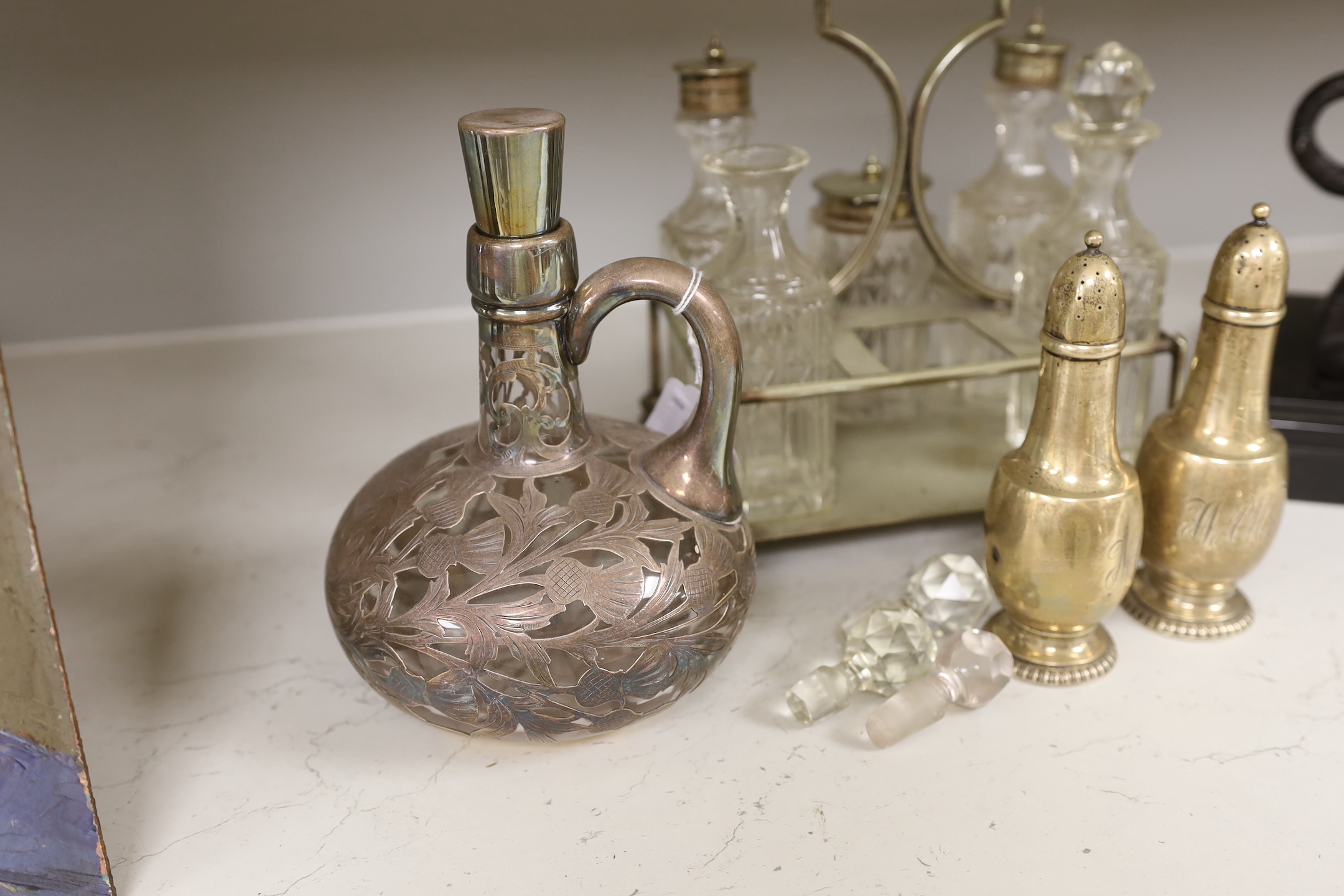 A pair of Tiffany silver peppers, a plated cruet and an overlaid whisky decanter, Tiffany peppers - Image 3 of 4