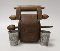 Two Chinese pewter beakers and a South East Asian wooden hand drum - 17cm high