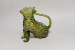 A Moser type zoomorphic enamelled glass jug in the form of a seated cat, 18cm high