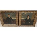 19th century English School, pair of oil over prints on card, Portraits of a Naval officer and his