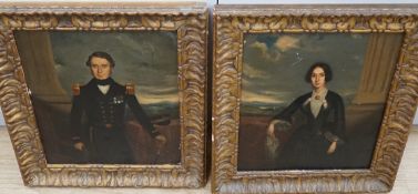 19th century English School, pair of oil over prints on card, Portraits of a Naval officer and his