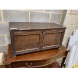A late 17th century French panelled oak small coffer, width 93cm, depth 39cm, height 46cm