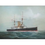 English School c.1900, oil on board, British naval steam powered warship at sea, 44 x 58cm