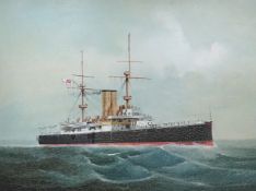 English School c.1900, oil on board, British naval steam powered warship at sea, 44 x 58cm