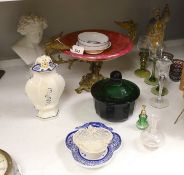 A French ruby lustre and ormolu mounted centrepiece, a green faceted glass bowl and cover, two