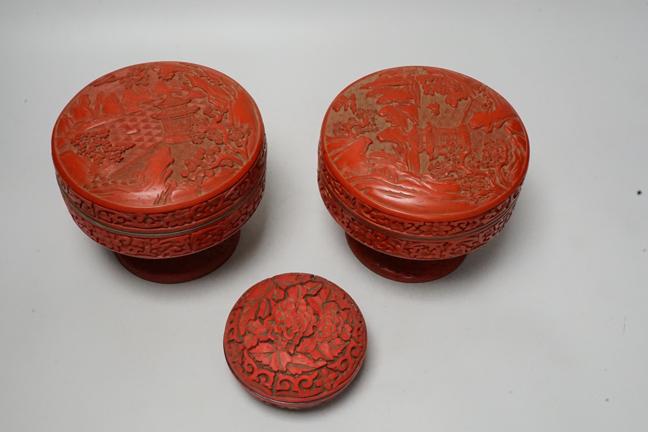 Two Chinese red lacquer stem dishes and covers and another box - Image 2 of 4