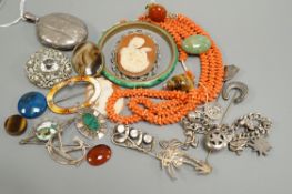 A Victorian silver oval locket and other jewellery including and coral necklace and white metal