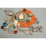 A Victorian silver oval locket and other jewellery including and coral necklace and white metal