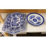 Three Burslem blue and white dishes and three pearlware blue and white bowls