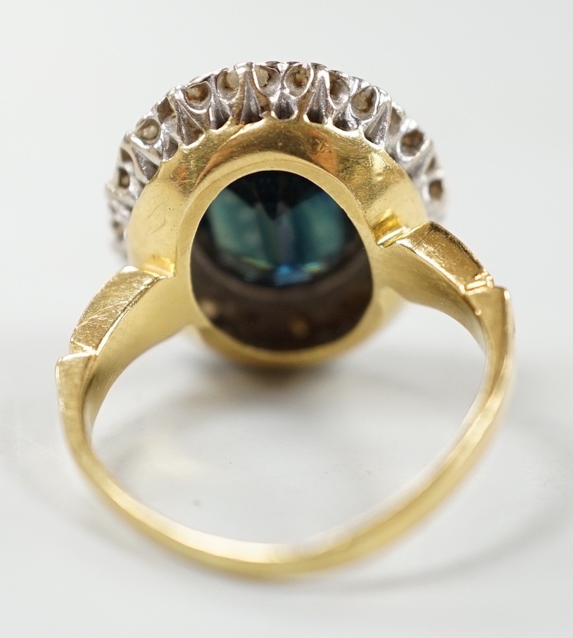 A 1970's? 18ct gold, single stone oval cut sapphire and illusion set diamond cluster ring, size O/P, - Image 4 of 9