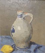 Émile Lecomte (French, 1866-1938), oil on mahogany panel, Still life of a stoneware flagon and a