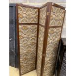 An oak four fold dressing screen with Morris style fabric panels, each panel width 50cm, height