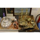 A Regency iron door stop, a brass Jack, a plated meat dome, a pair of copper jugs, etc.
