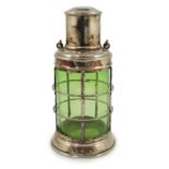 An Asprey & Co. silver plated and green glass novelty cocktail shaker in the form of a lantern, with