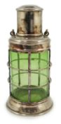 An Asprey & Co. silver plated and green glass novelty cocktail shaker in the form of a lantern, with