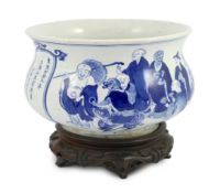 A rare Chinese blue and white ‘eighteen luohan’ censer, Kangxi period, inscribed dedication and