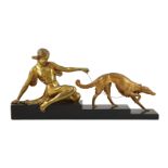 Armand Godard (1824-1887). A French Art Deco bronze group of a seated maiden with a borzoi upon a