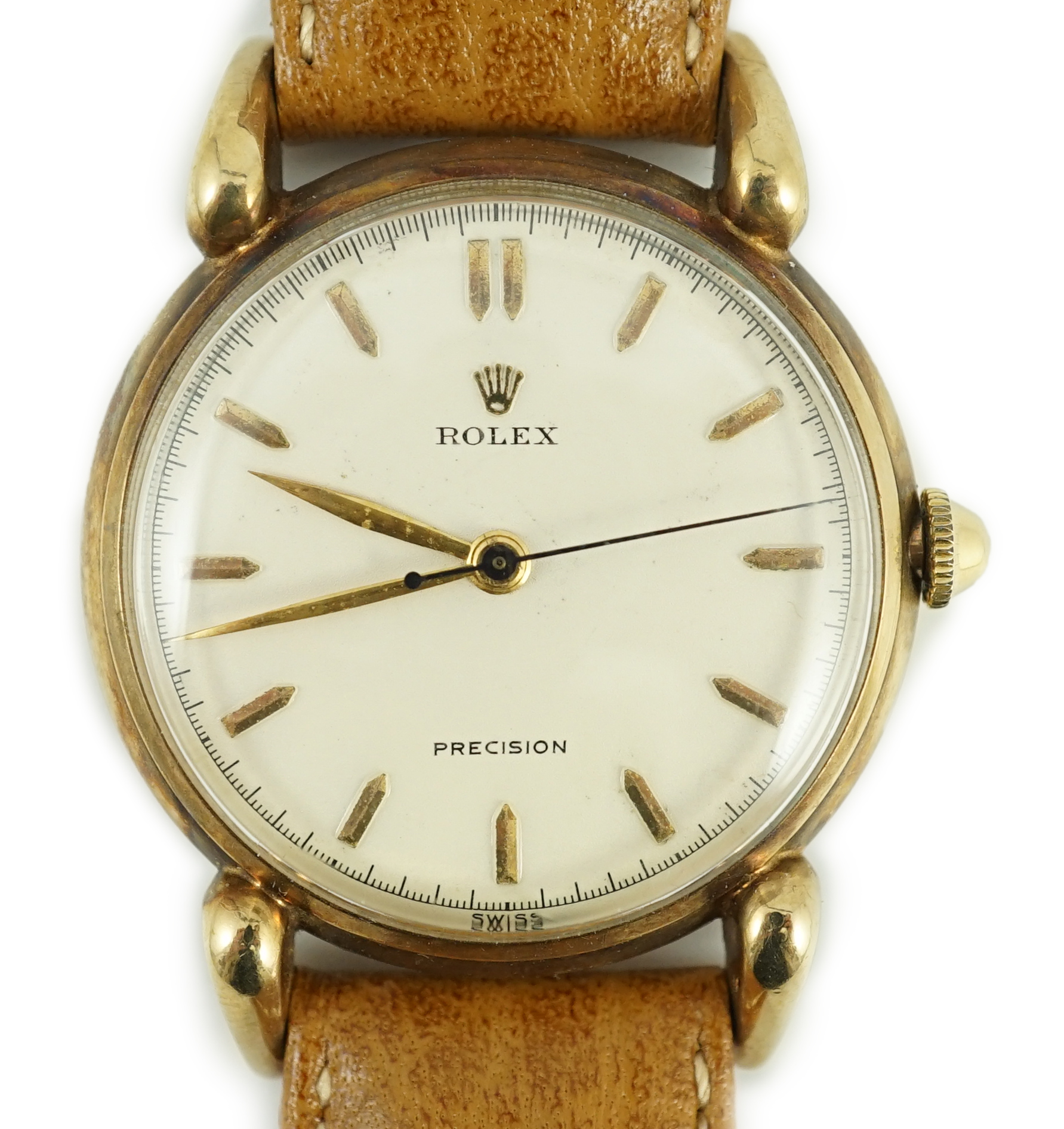 A gentleman's 1950's 9ct gold Rolex Precision manual wind wrist watch, with baton numerals and