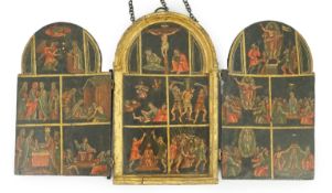 A 17th century triptych case, oil on wood, Icon depicting the life of Christ, with a Saint receiving