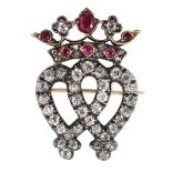 A Victorian gold and silver, ruby and diamond cluster set Luckenbooth brooch, 28mm,