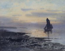 William Percy French (Irish, 1854-1920) Sailing boat at sunsetwatercolourinitialled in ink16 x