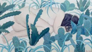 § § Clifford Hall RBA ROI, (British, 1904-1973) Nude sleeping amongst cacti, acrylic on board