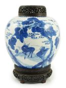 A Chinese blue and white ‘deer and crane’ ovoid jar, Kangxi period, the exterior painted with a