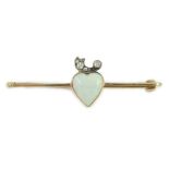 An early 20th century gold, heart shaped white opal and six stone diamond set bar brooch, 51mm,