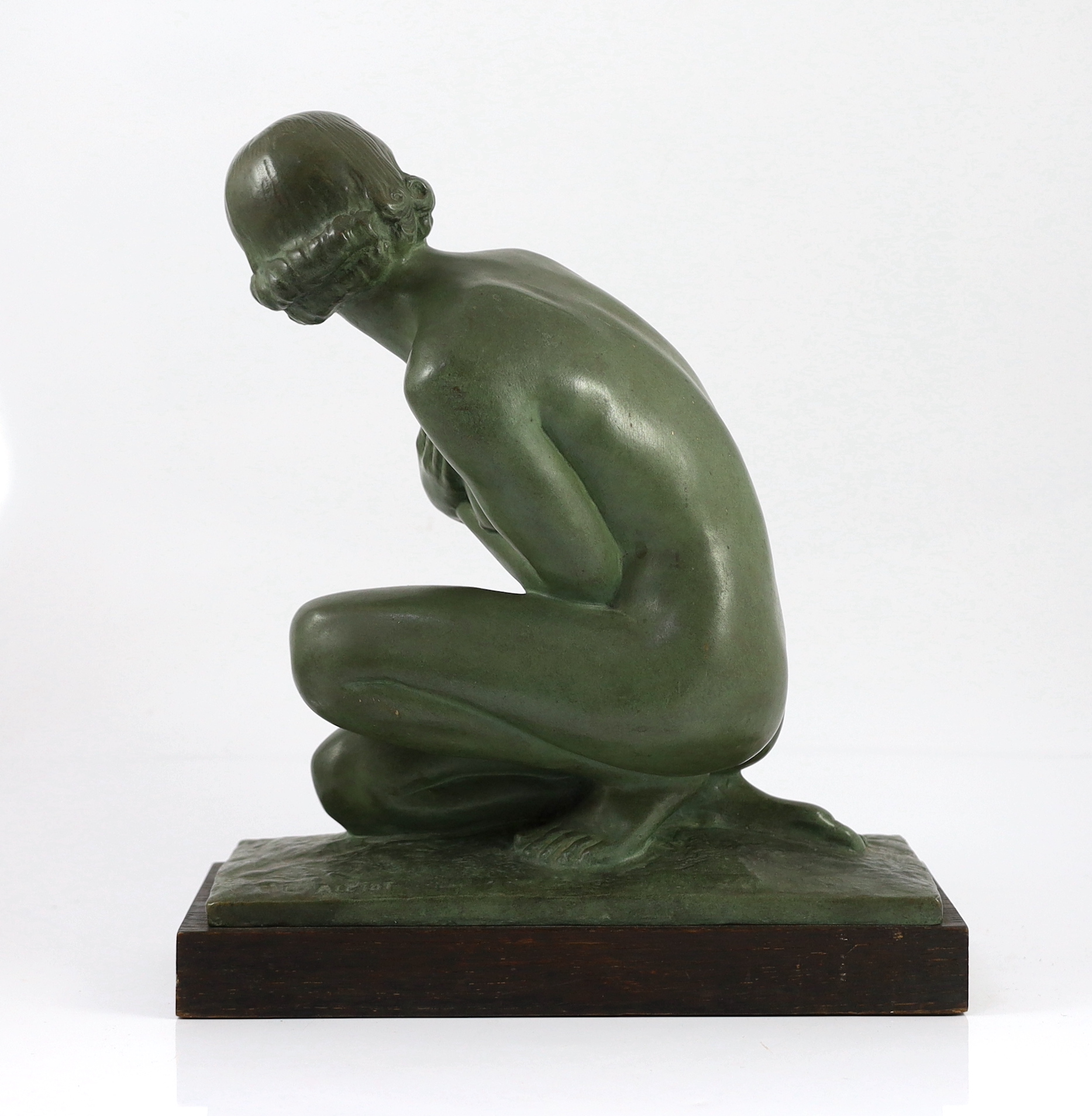 Lucien Charles Edouard Alliot, (French, 1877-1967). An Art Deco bronze figure of a kneeling - Image 2 of 3