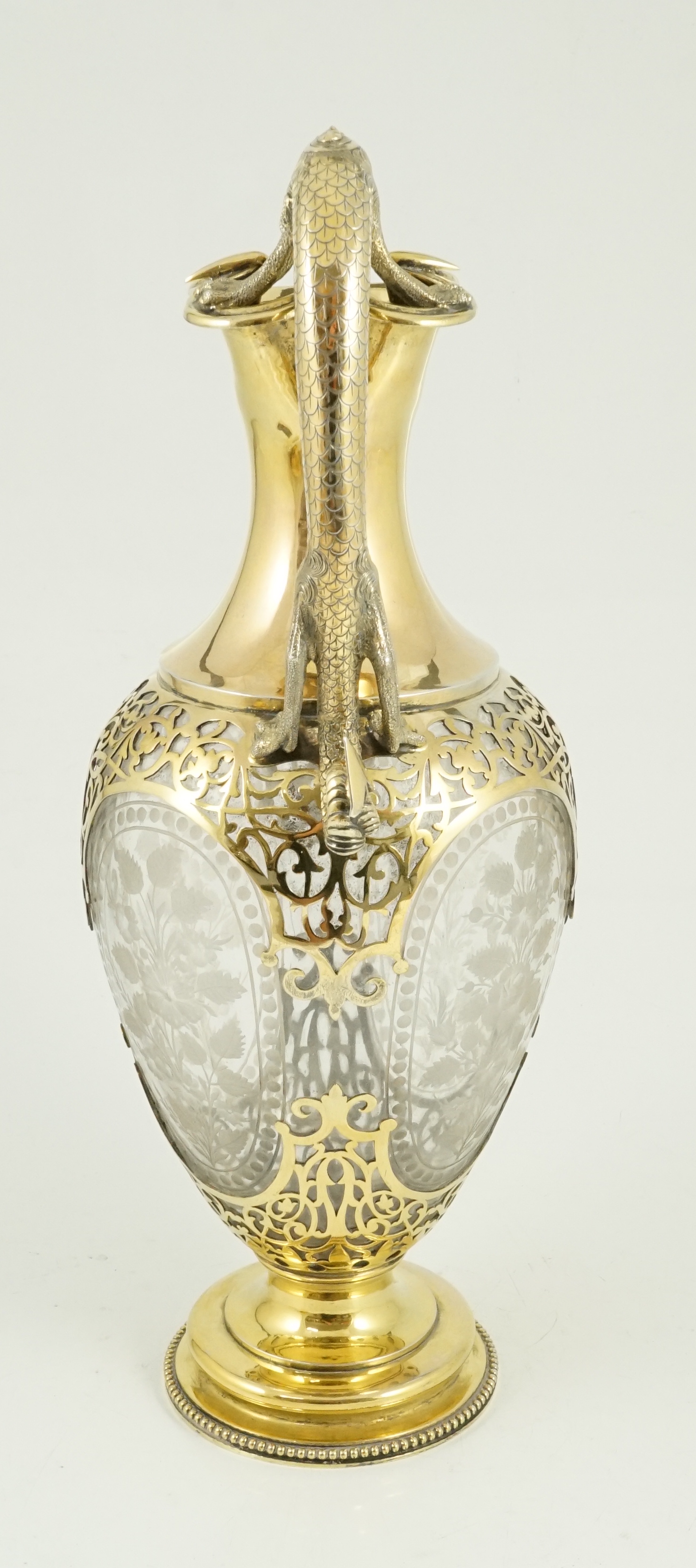A good Victorian silver gilt mounted etched glass claret jug, by Goldsmiths Alliance, with grotesque - Image 4 of 6