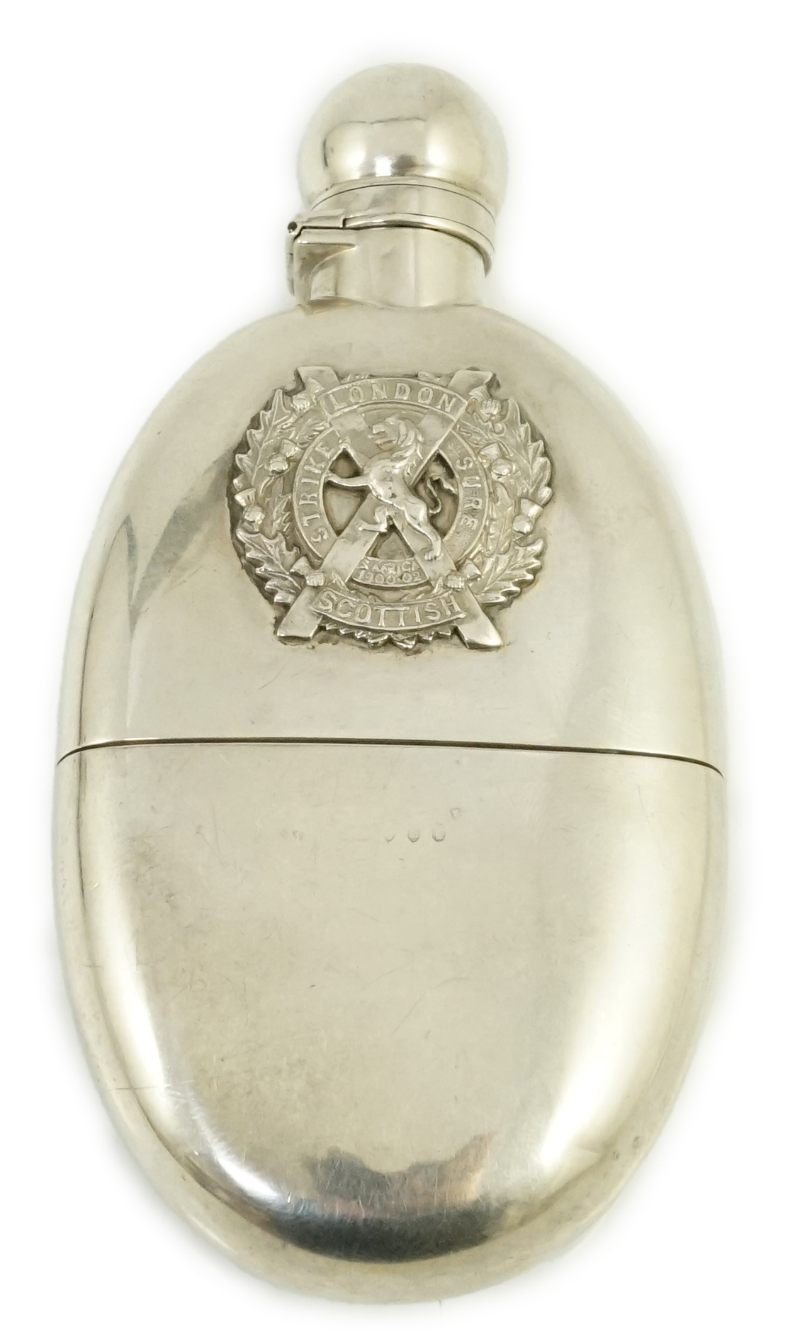 The London Scottish Rifles. A Victorian silver hip flask, Frederick Bradford McCrea, London, 1886,