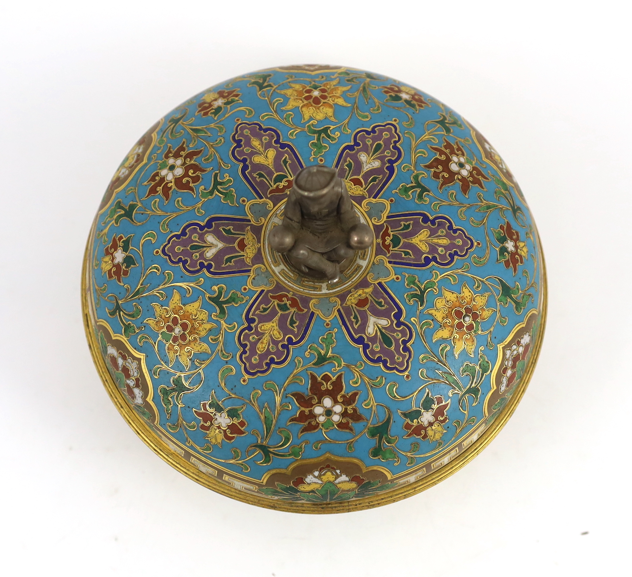 An unusual Elkington & Co. champlevé enamel chinoiserie dish and cover, c.1875, model no. 344, the - Image 3 of 7