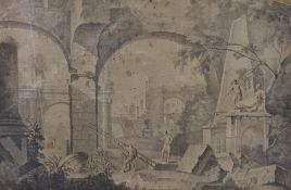 Circle of Marco Ricci (Italian, 1676-1729) Architectural Capriccio with Figures amongst