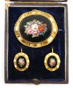 A Victorian gold mounted micro mosaic black onyx demi-parure, comprising an oval pendant brooch,