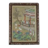 A Chinese painting on silk of ladies in a pavilion garden, c.1800, in a late 19th century hongmu and