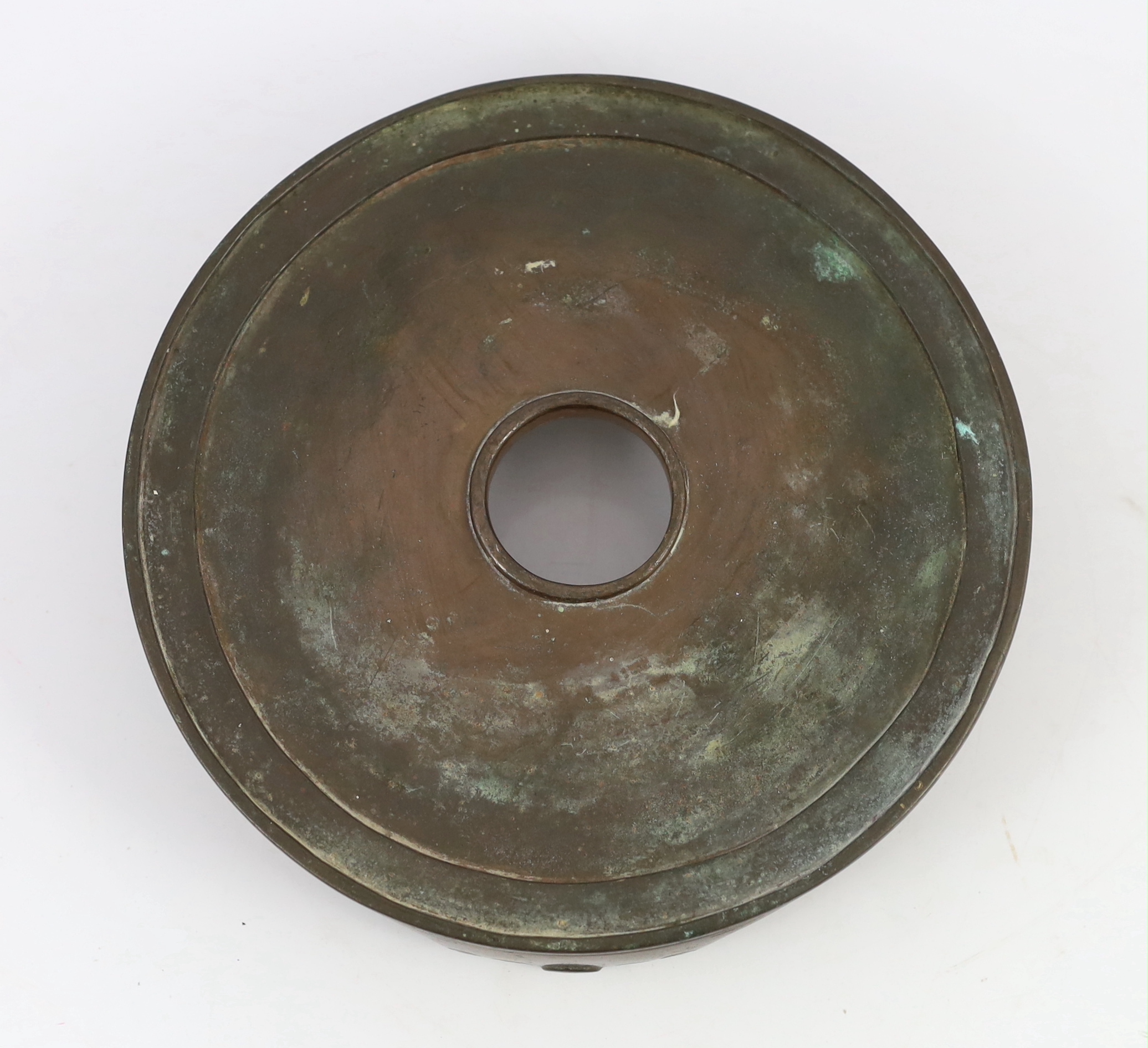 A large Chinese patinated bronze censer stand, 17th/18th century, the disc shaped top supported on - Image 2 of 3