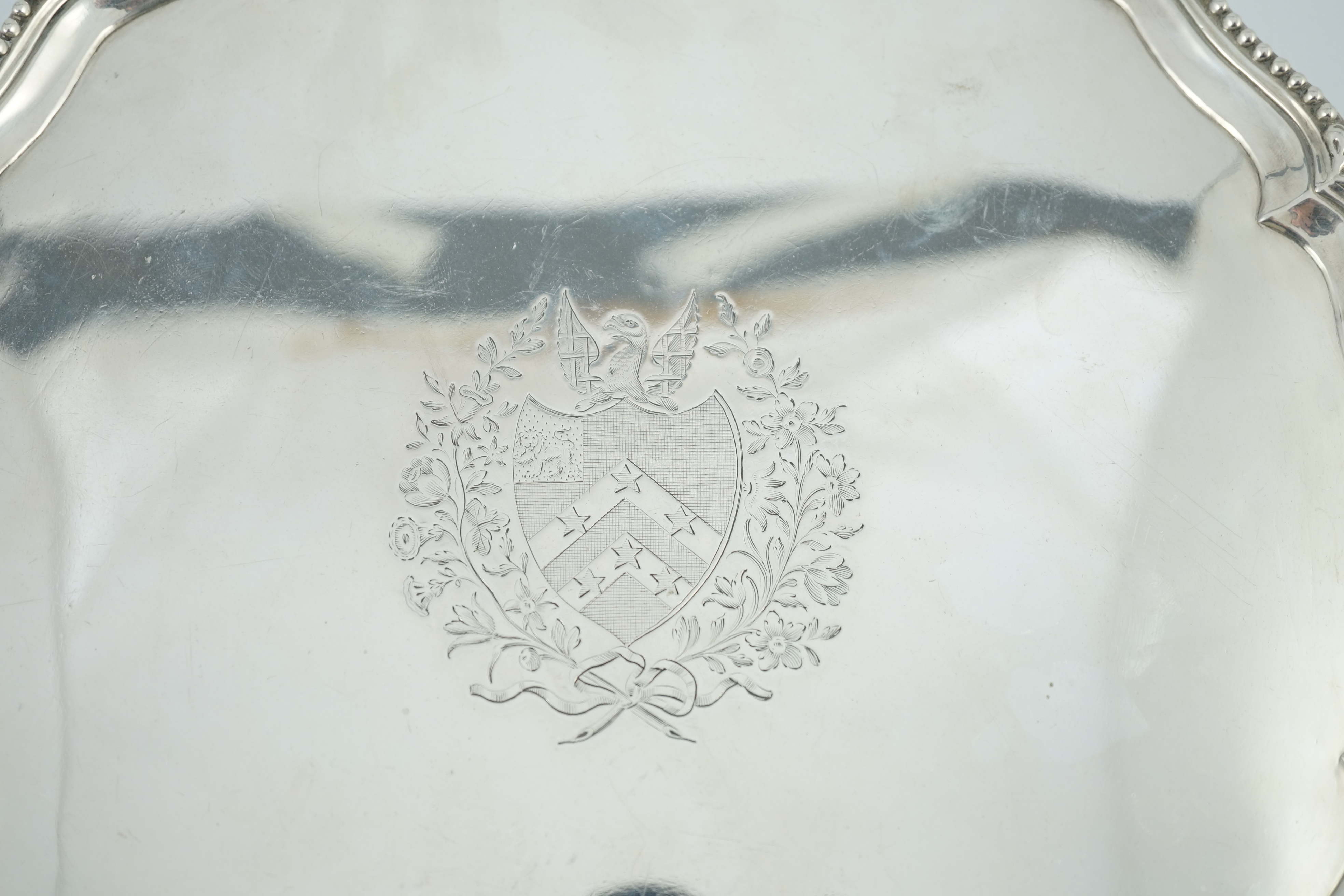 A George III silver salver, by John Crouch I and Thomas Hannam, of shaped circular form, with beaded - Image 3 of 5