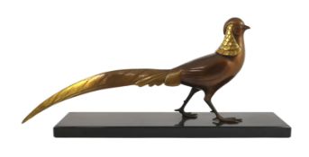 Lorino. An Art Deco bronze model of a golden pheasant, standing upon a black marble plinth, signed