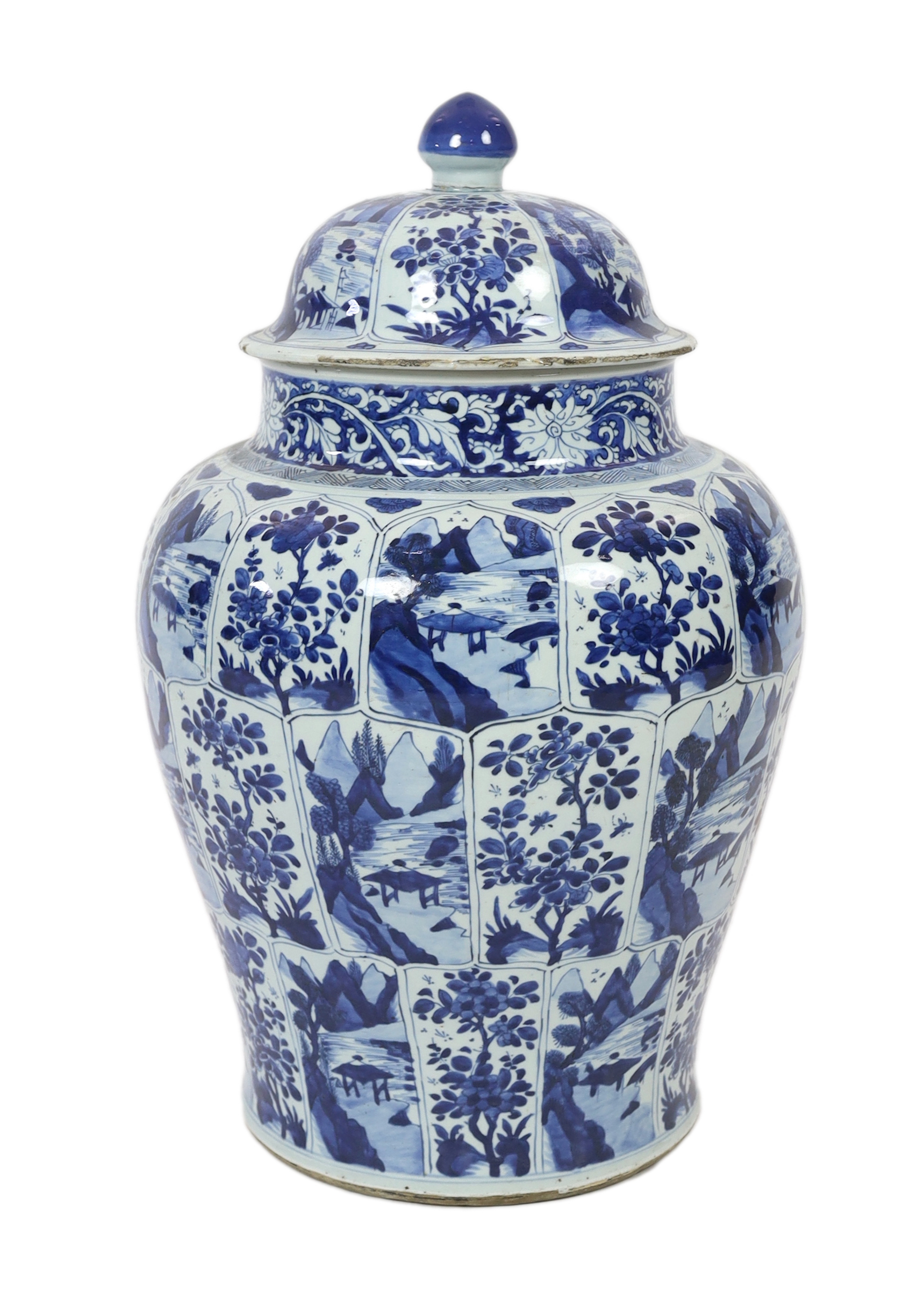 A massive Chinese blue and white jar and cover, Kangxi period, painted with alternating landscape