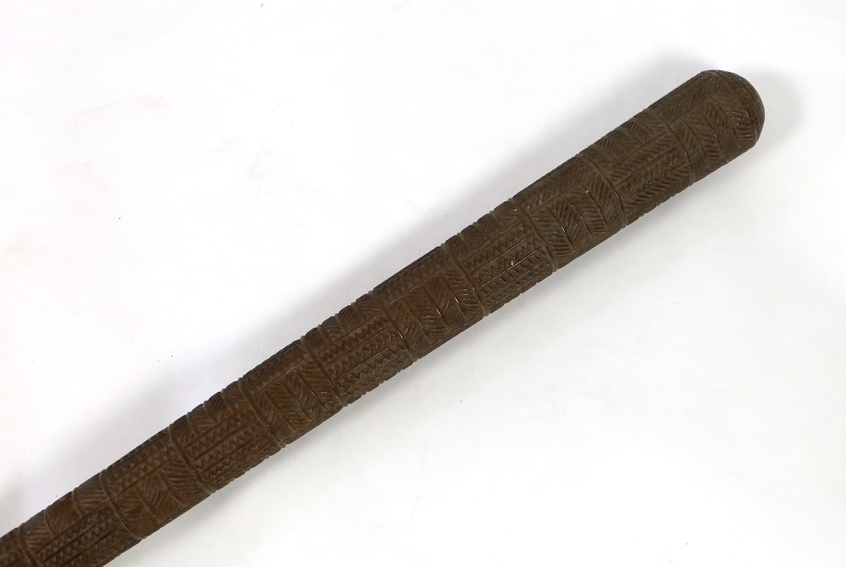 A Polynesian tribal Povai pole war club, Tonga, 19th century, of tapering cylindrical form, - Image 4 of 4