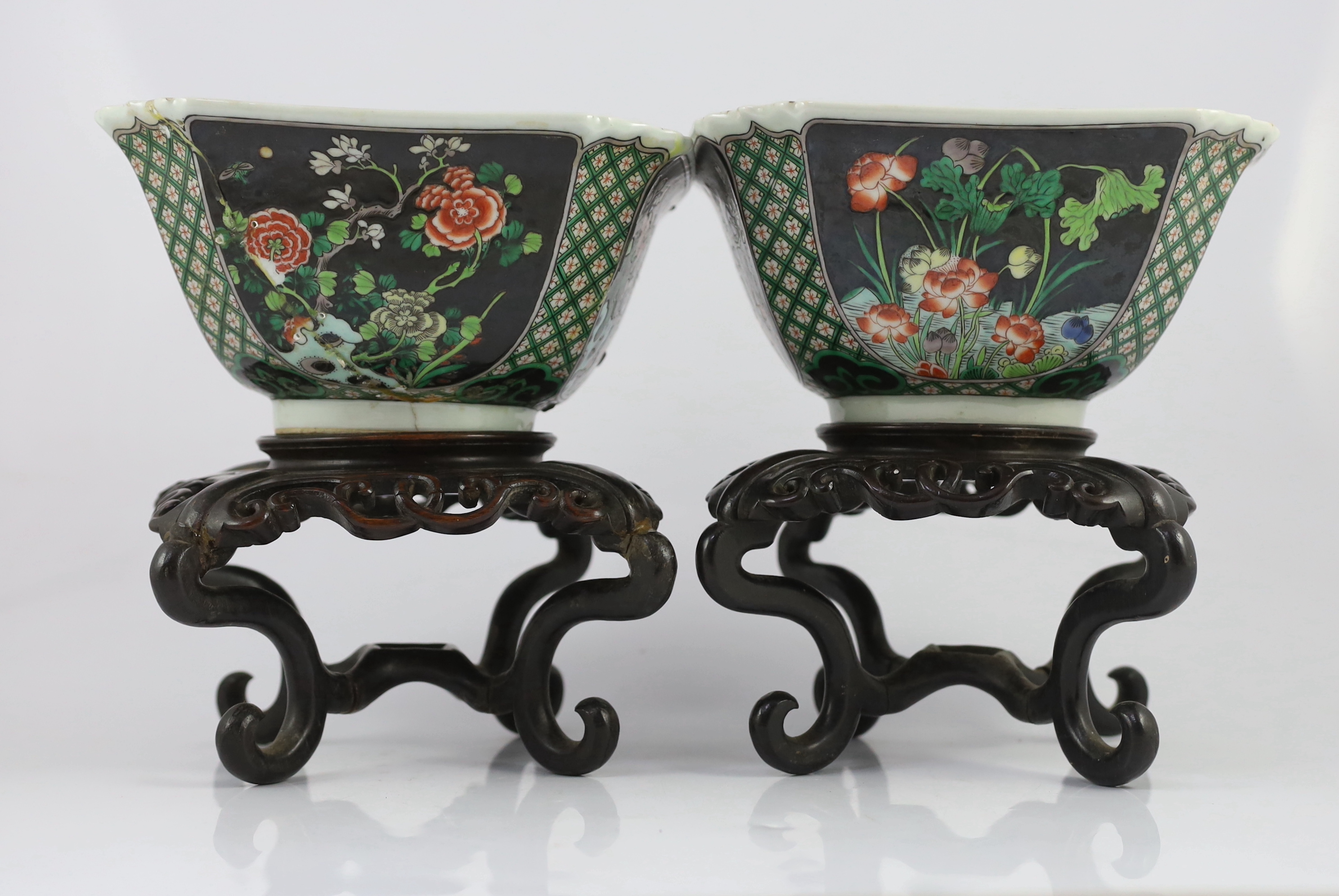 A pair of Chinese famille noire square bowls, late 19th century, painted to each side with panels of - Image 3 of 8