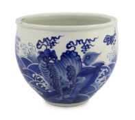 A Chinese blue and white ‘mythical beasts’ jardiniere, Kangxi period, the moulded rim above an ovoid