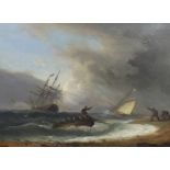 Thomas Luny (British, 1759-1837) Shipping in distress along the shorelineoil on wooden panelsigned